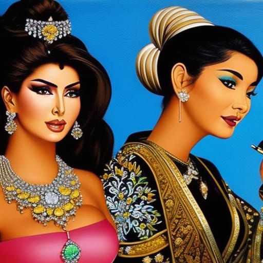 The painting showcases Shania Twain and Yuna applying makeup and selecting outfits in preparation for a night out. The c...