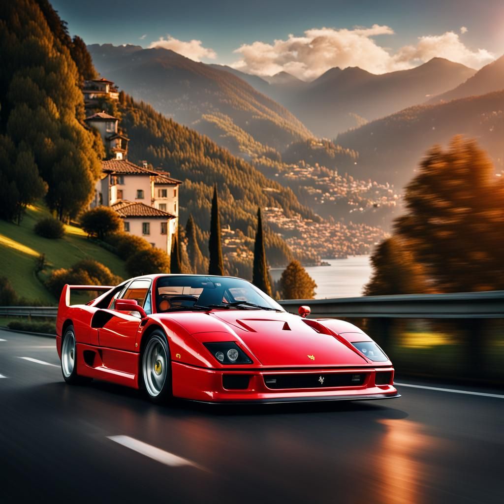 Red Ferrari F40 by Lake Como: Hyperrealistic Photo
