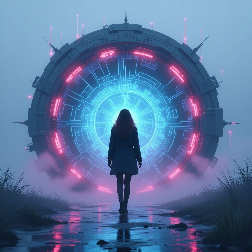 Woman Steps Through a Shimmering Portal