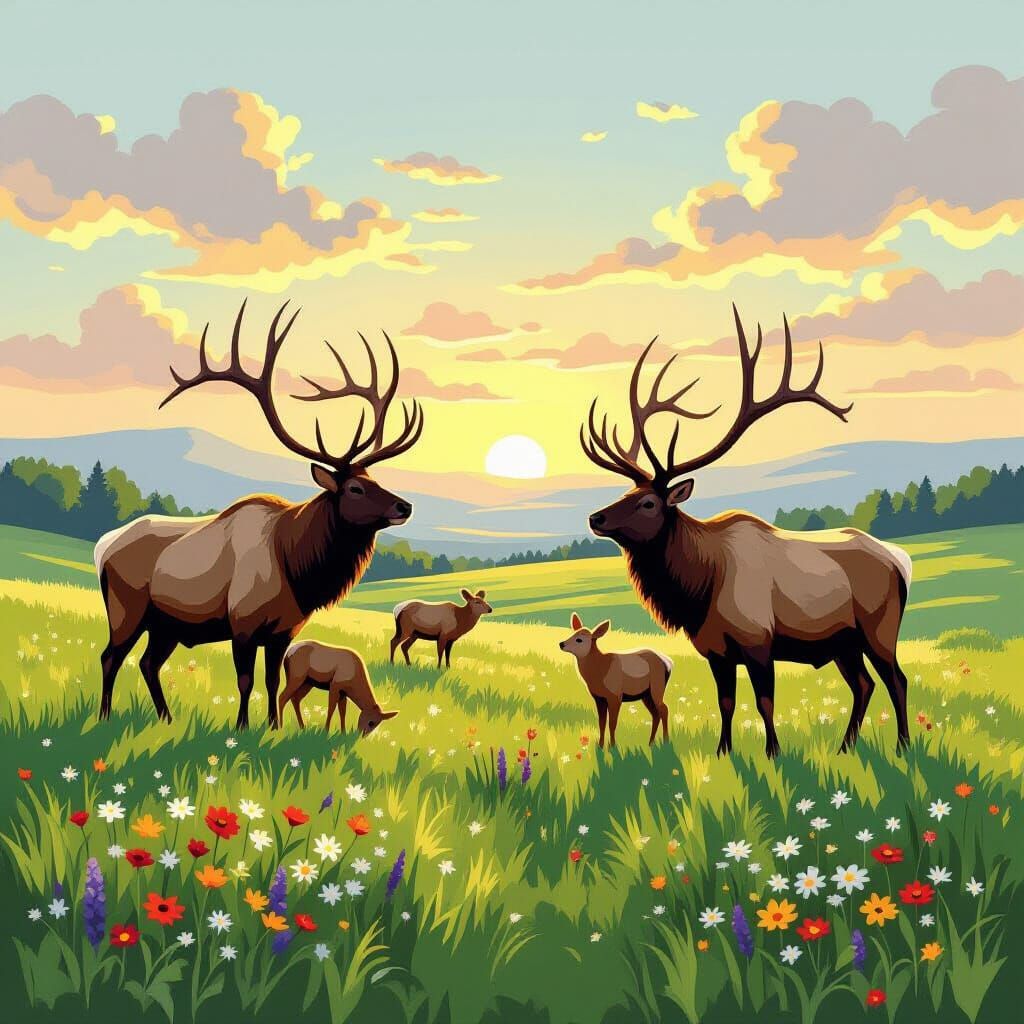Irish Elk Family in Meadow, Pastoral Landscape
