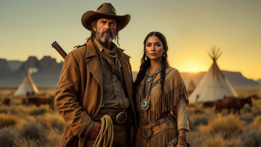 American Gothic Cowboy and Native American Woman