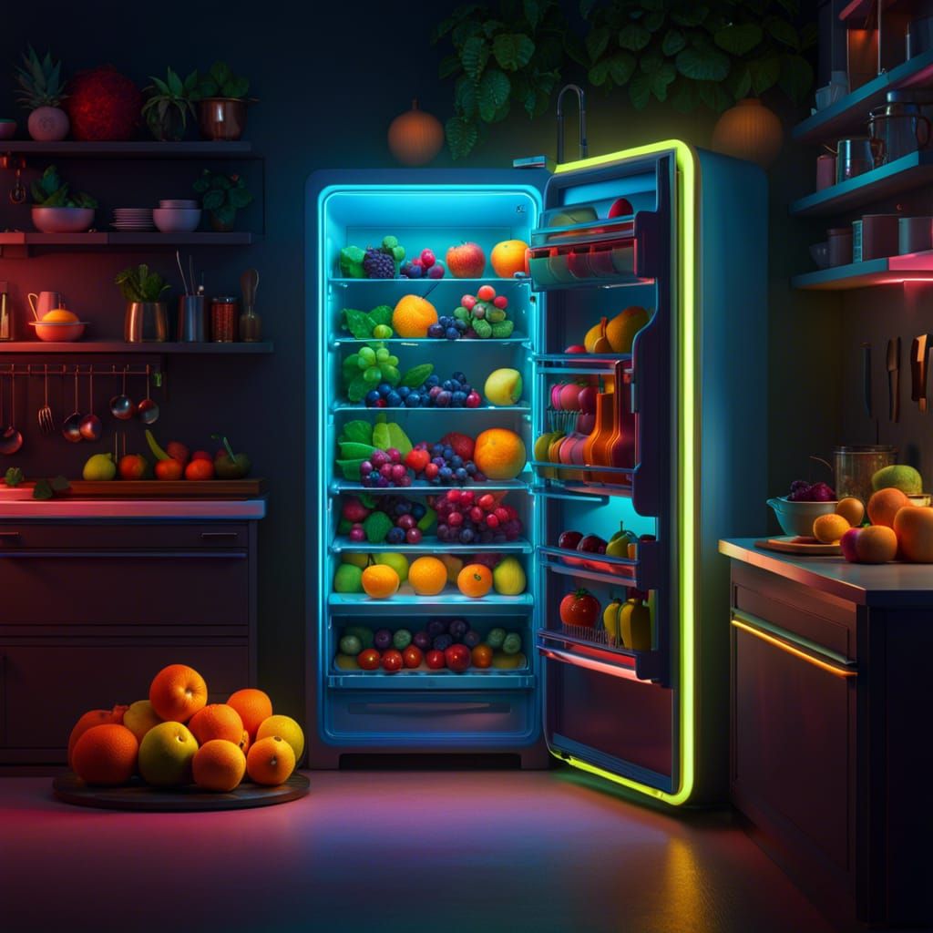Neon Fridge in Cozy Kitchen, Matte Painting Style