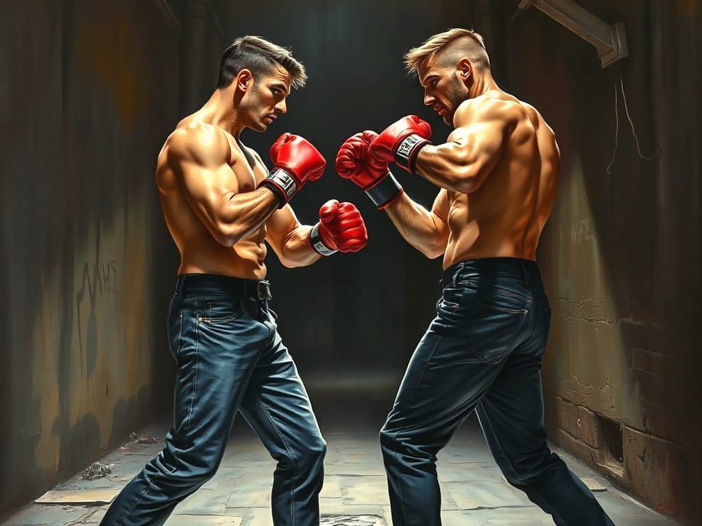 Street Boxing Match in Alley as Oil Painting