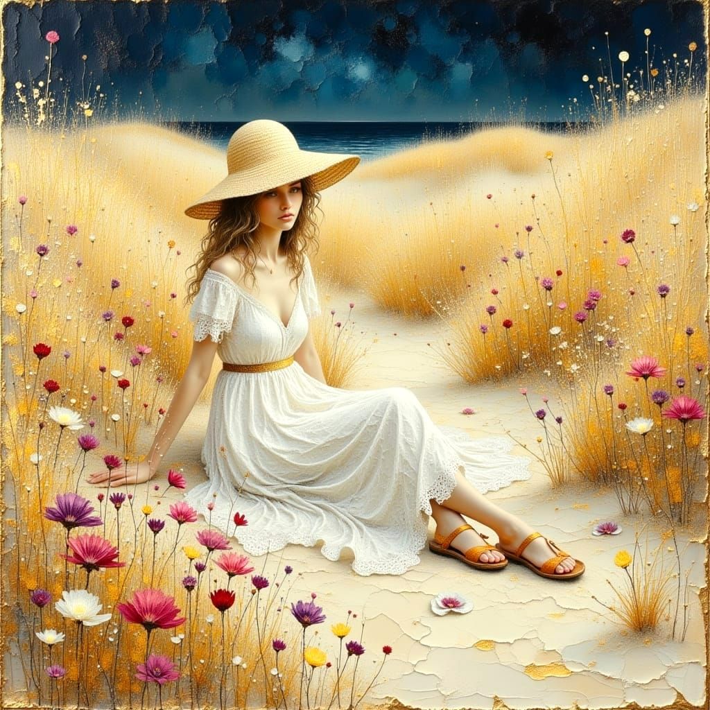 Girl's Solitary Picnic on Sand Dunes, Impasto Style