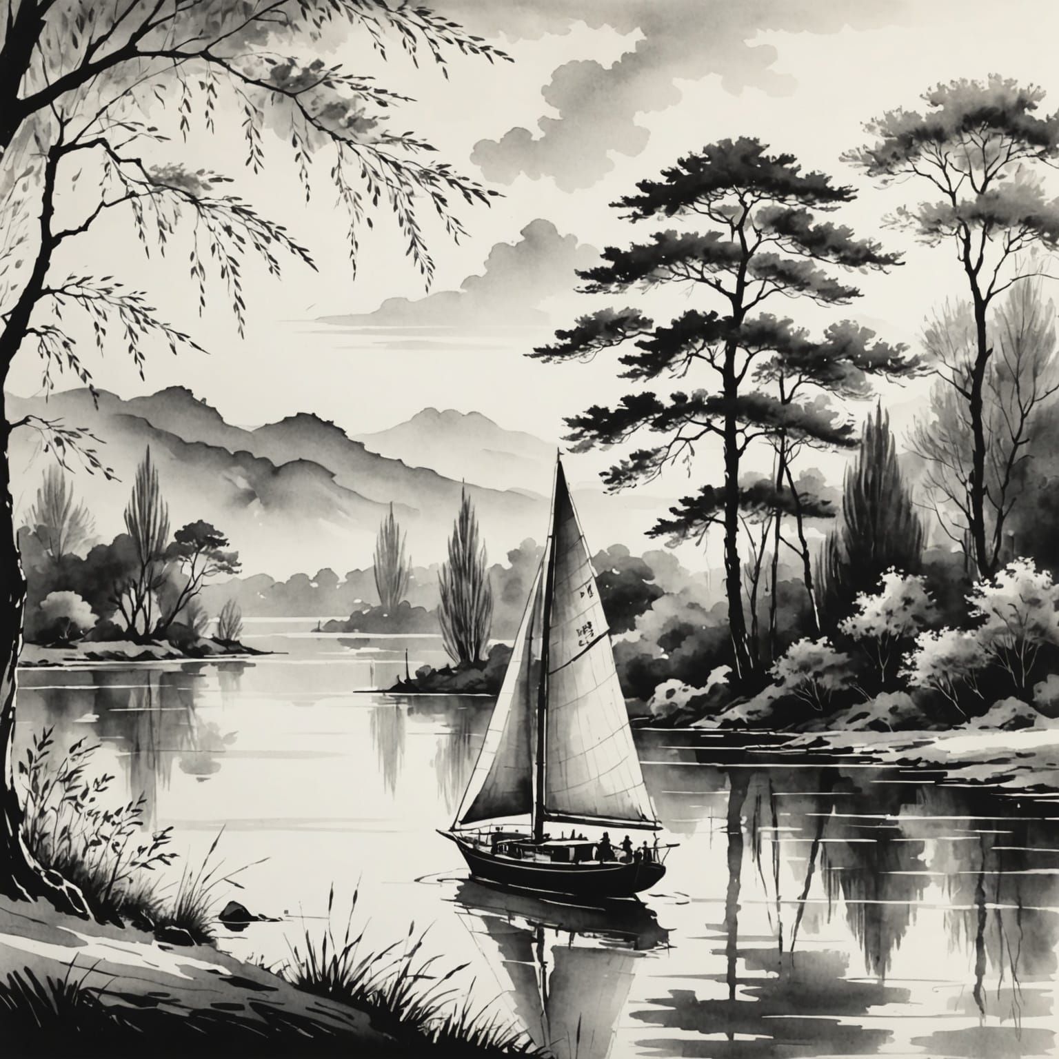 Traditional Sumi-e Art of Serene Lake Scene with Sailboat an...