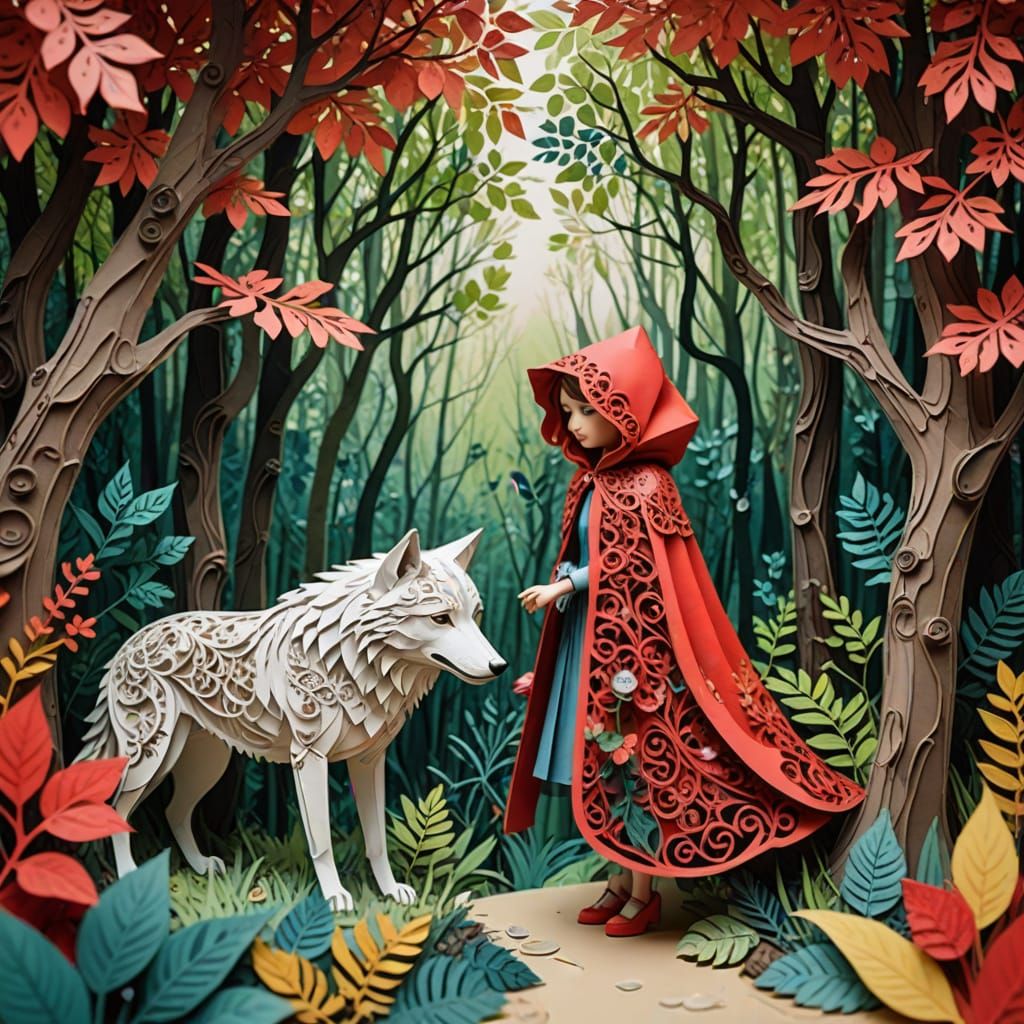 Little Red Riding Hood and Wolf in Watercolor Forest
