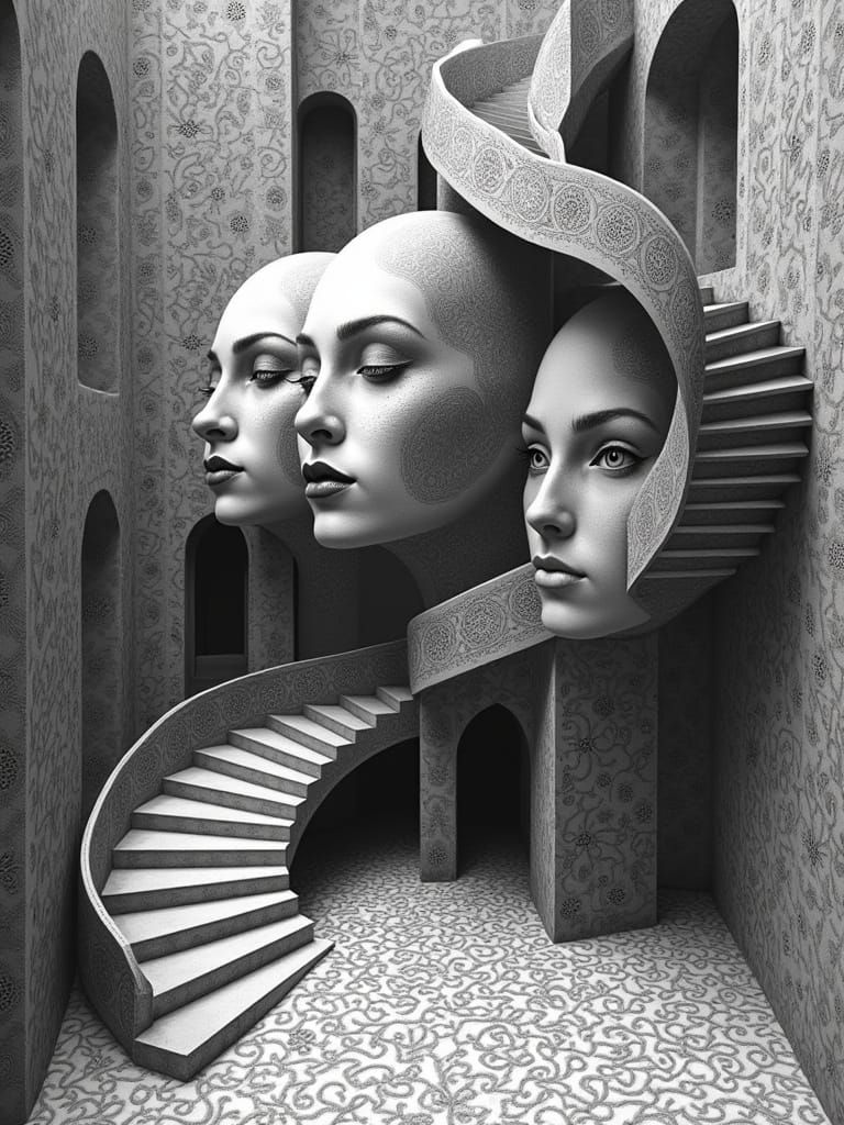 Escher-Inspired Geometric Portraits in Klimt's Staircase