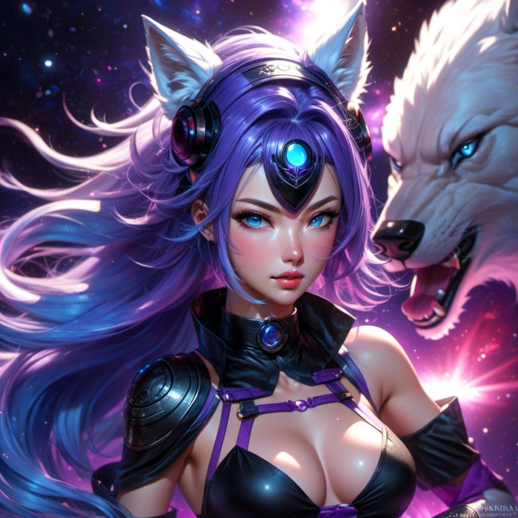 Nebula Drifter: Woman with Wolf Ears in Neon Outfit