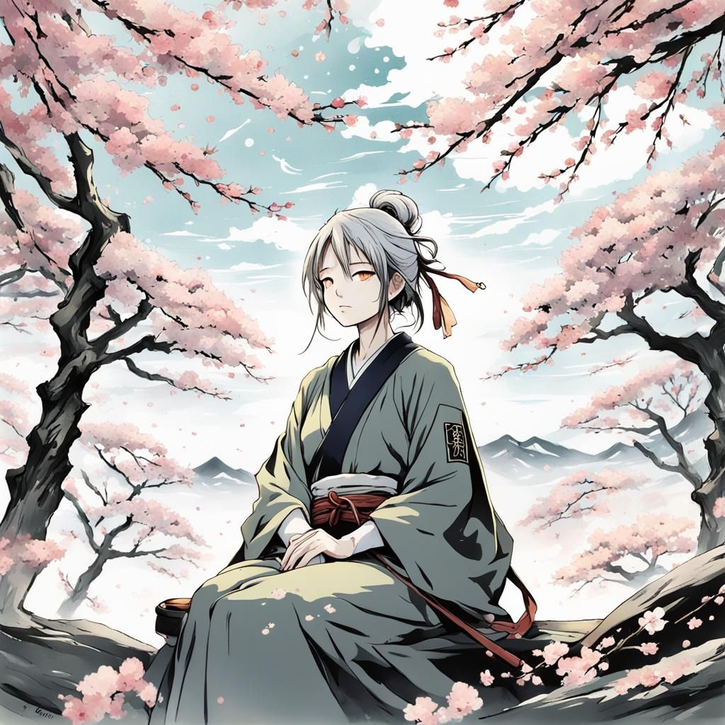 Serene Samurai Meditating Among Cherry Blossoms