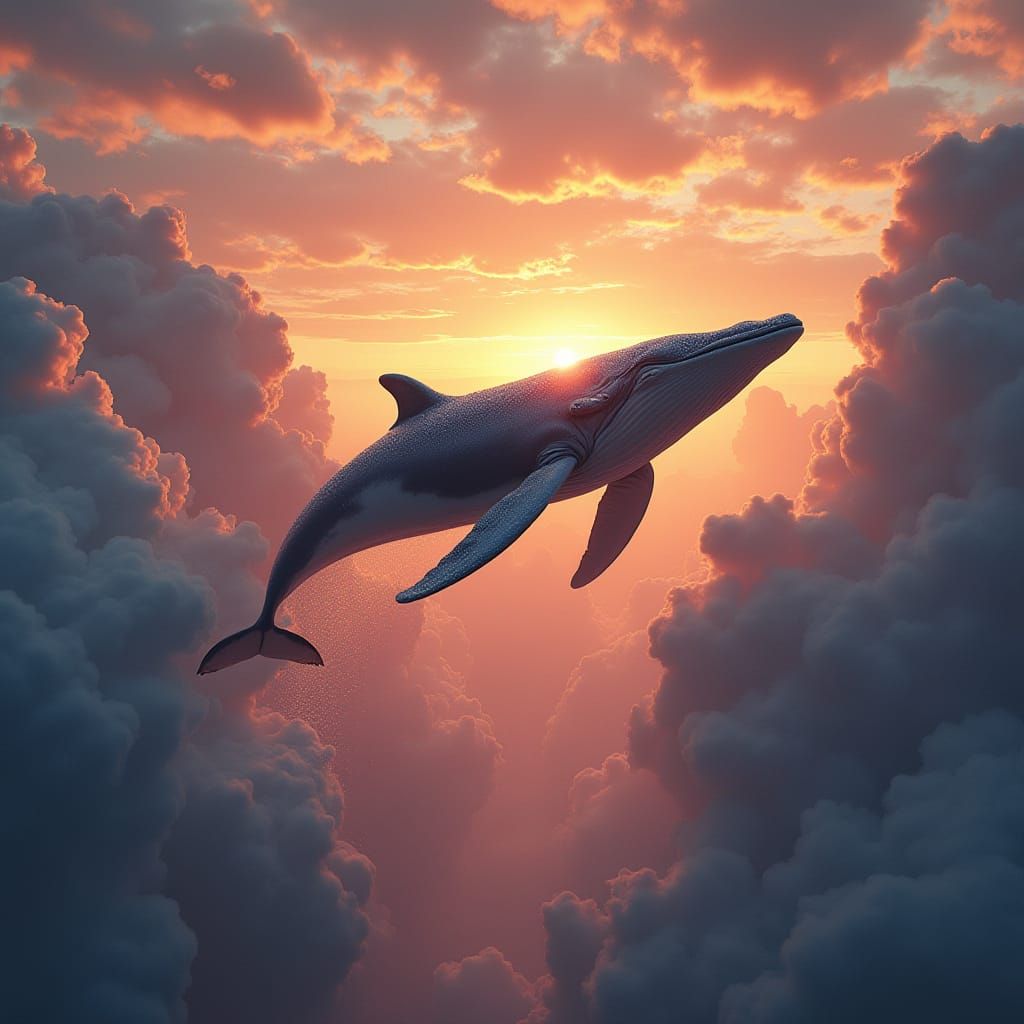 Majestic Whale Soars Through Celestial Canyon at Sunset