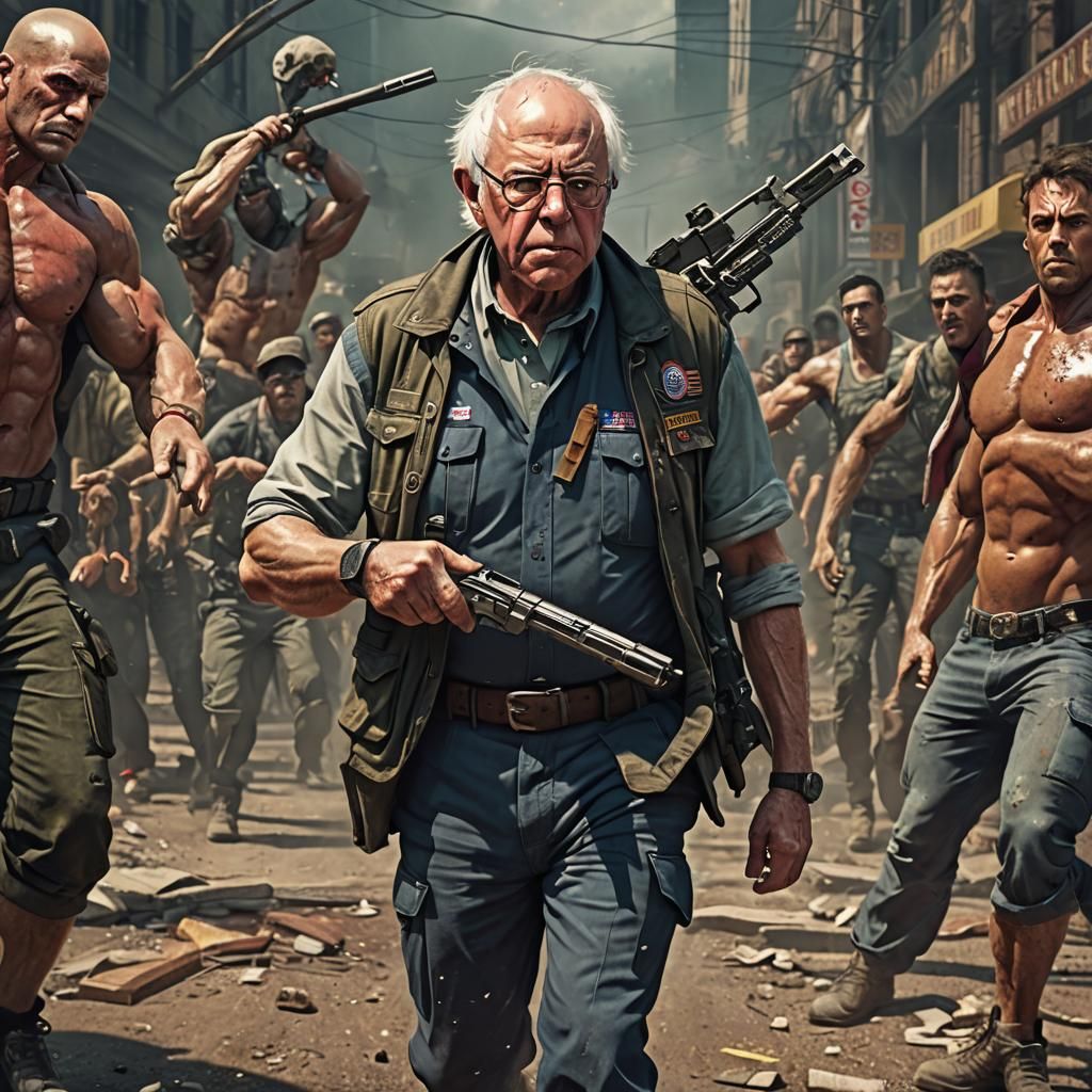Bernie Sanders as Rambo: A Photorealistic Digital Painting
