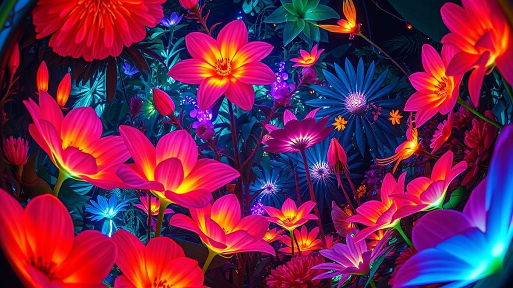 Bioluminescent Flower Garden in Hyperrealistic Style