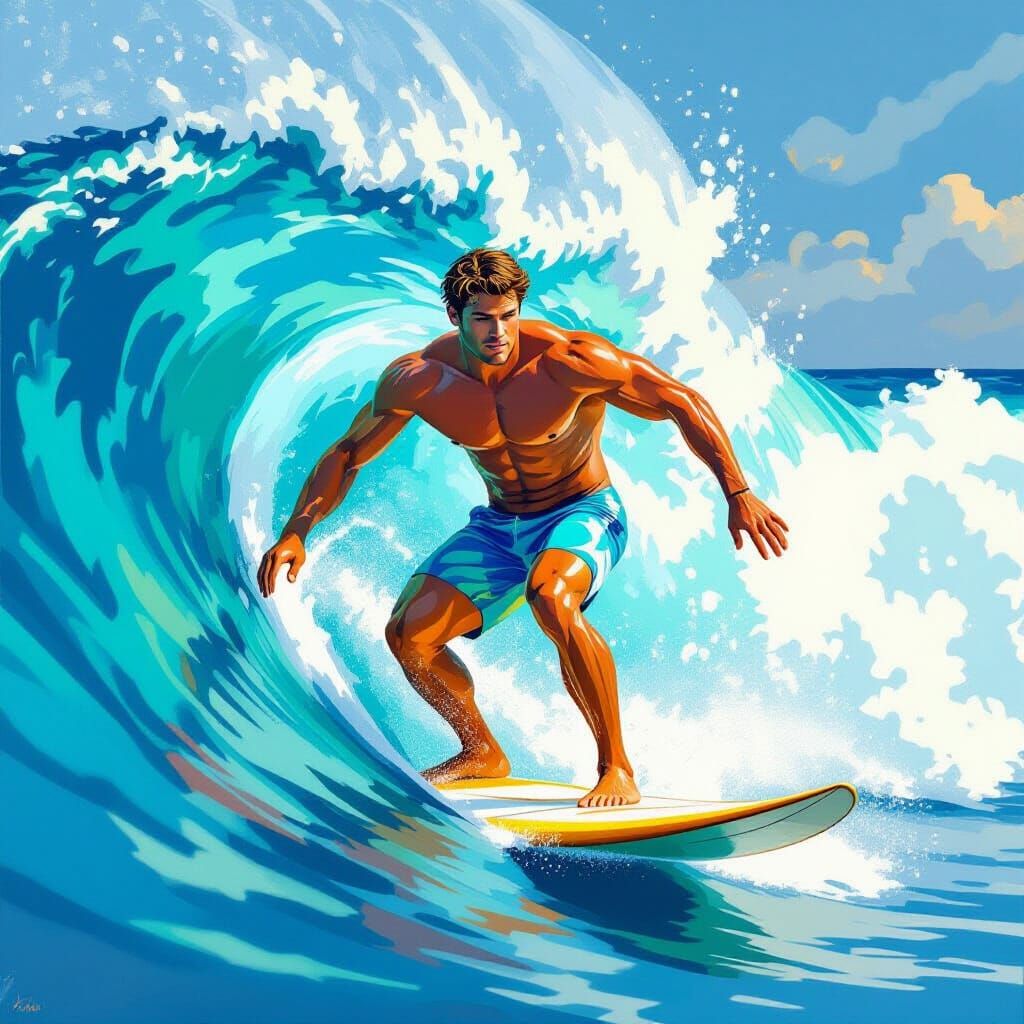 Surfer Rides Wave in Los Angeles: Stylized Art