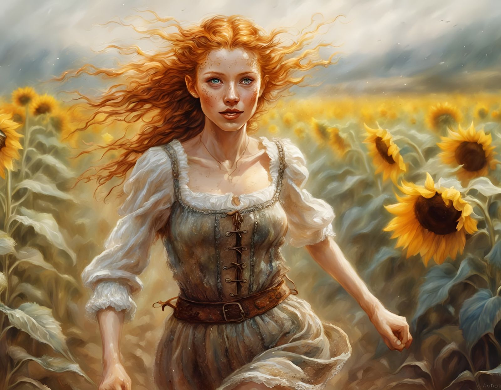 Ginger Girl Runs Through Sunflower Field, Hyperrealistic Fai...
