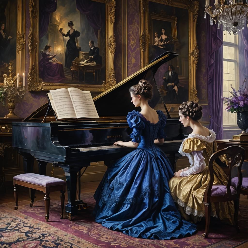 Victorian Women at Piano in Dark Romantic Style