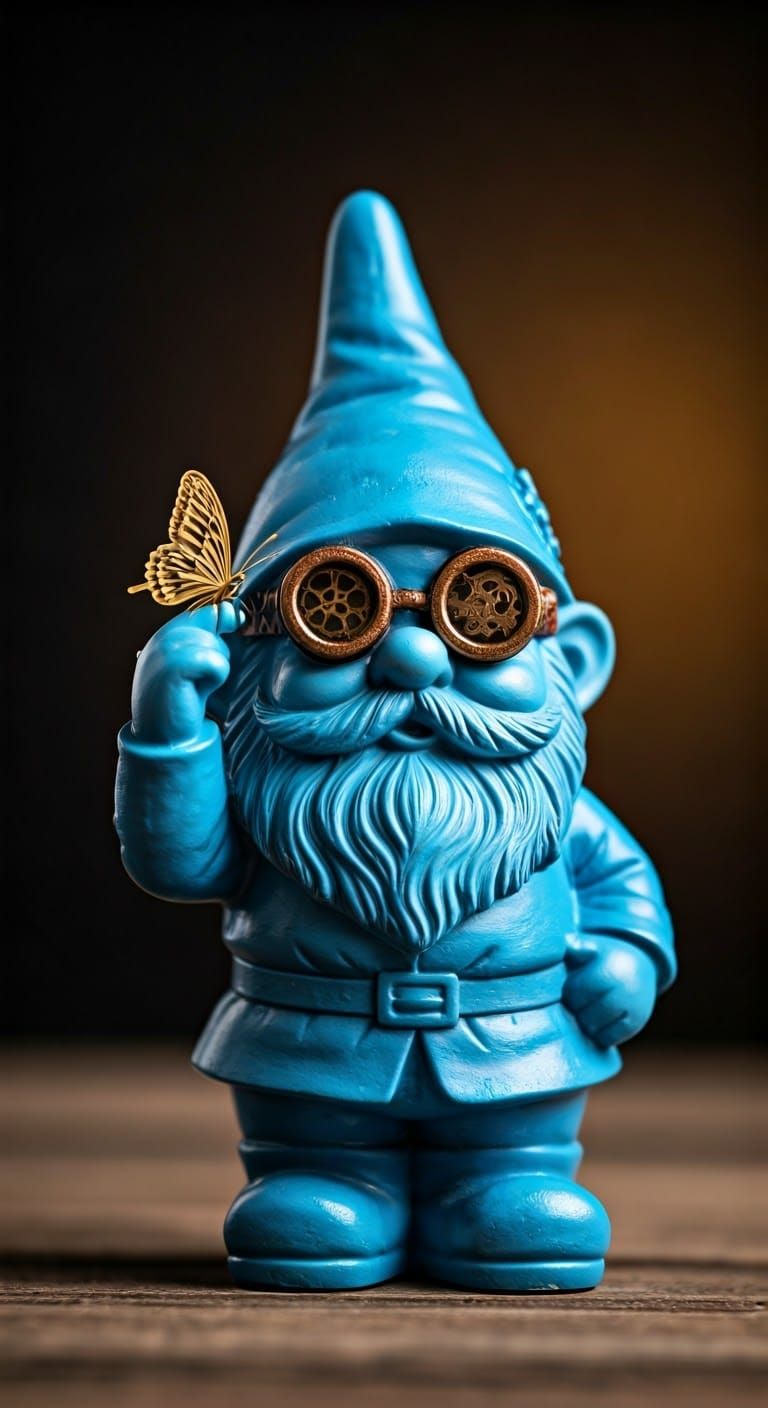 Whimsical Steampunk Gnome Examines Delicate Clockwork Butter...