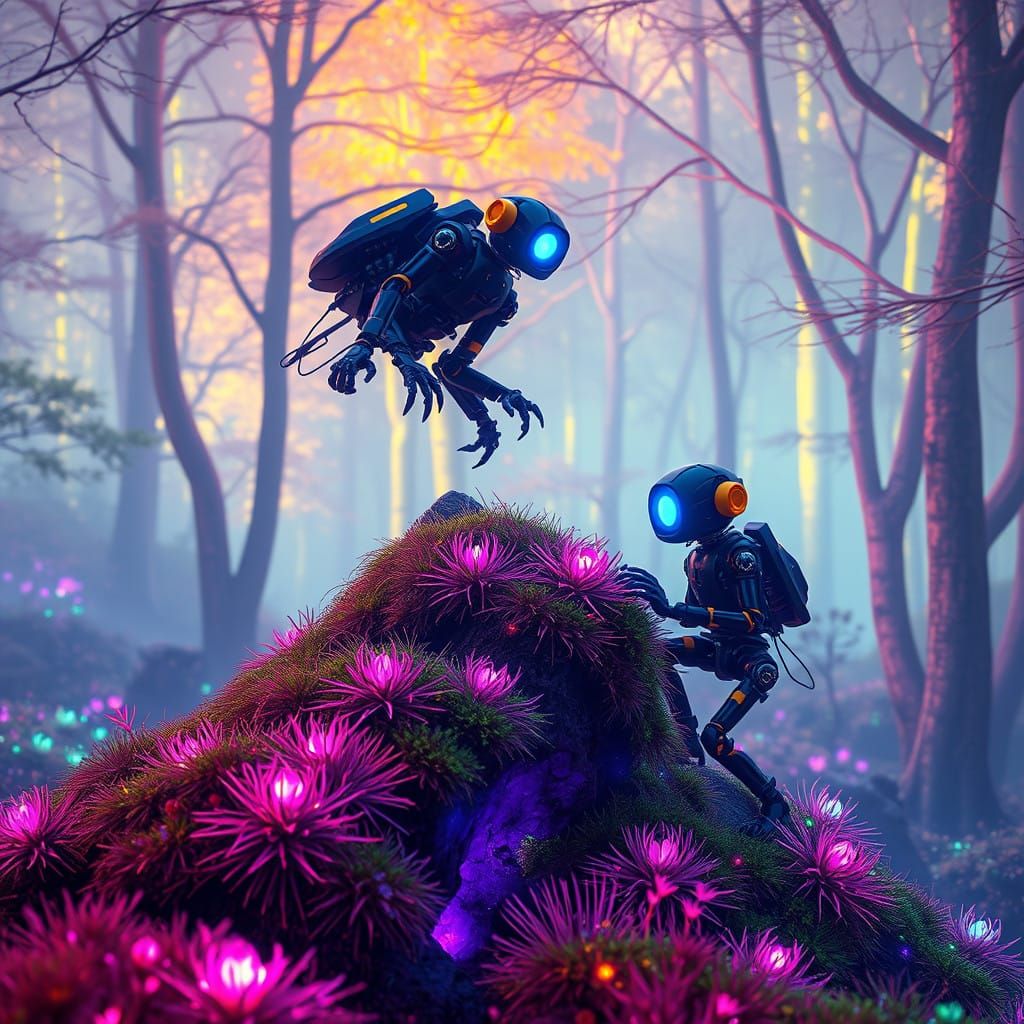 Surreal Cyberpunk Forest Teeming with Iridescent Life