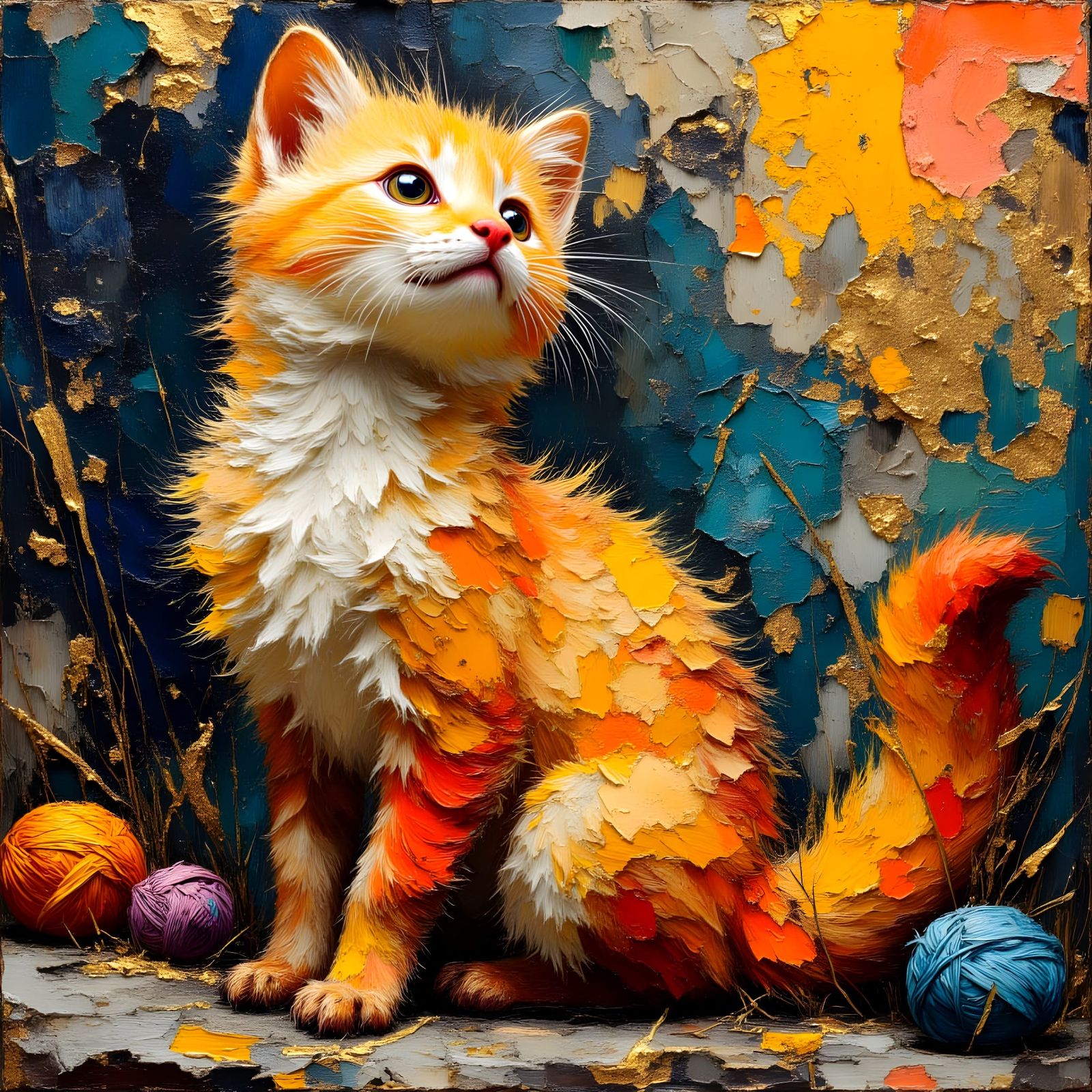 Impasto Kitten with Yarn and Gold Accents