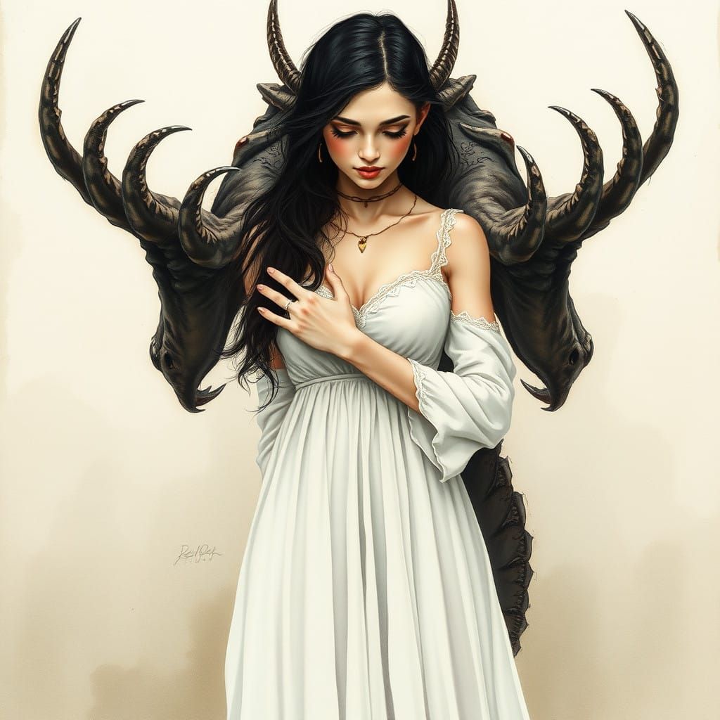 Young Woman Embraced by a Mysterious Demon in Watercolor