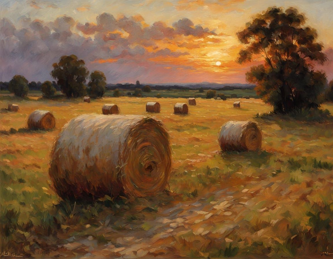 Rural Farmland Sunset Oil Painting with Haystacks