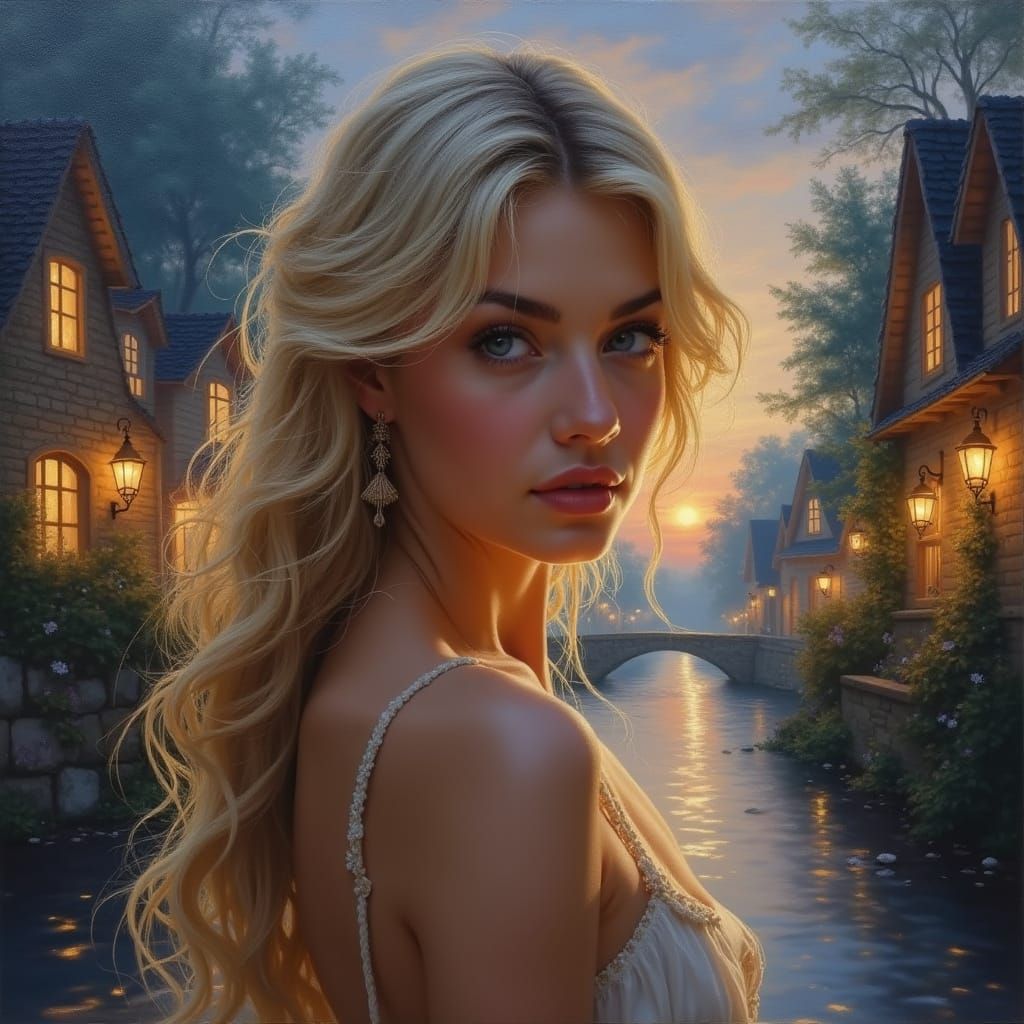 Alina: Serene Village Twilight Oil Painting