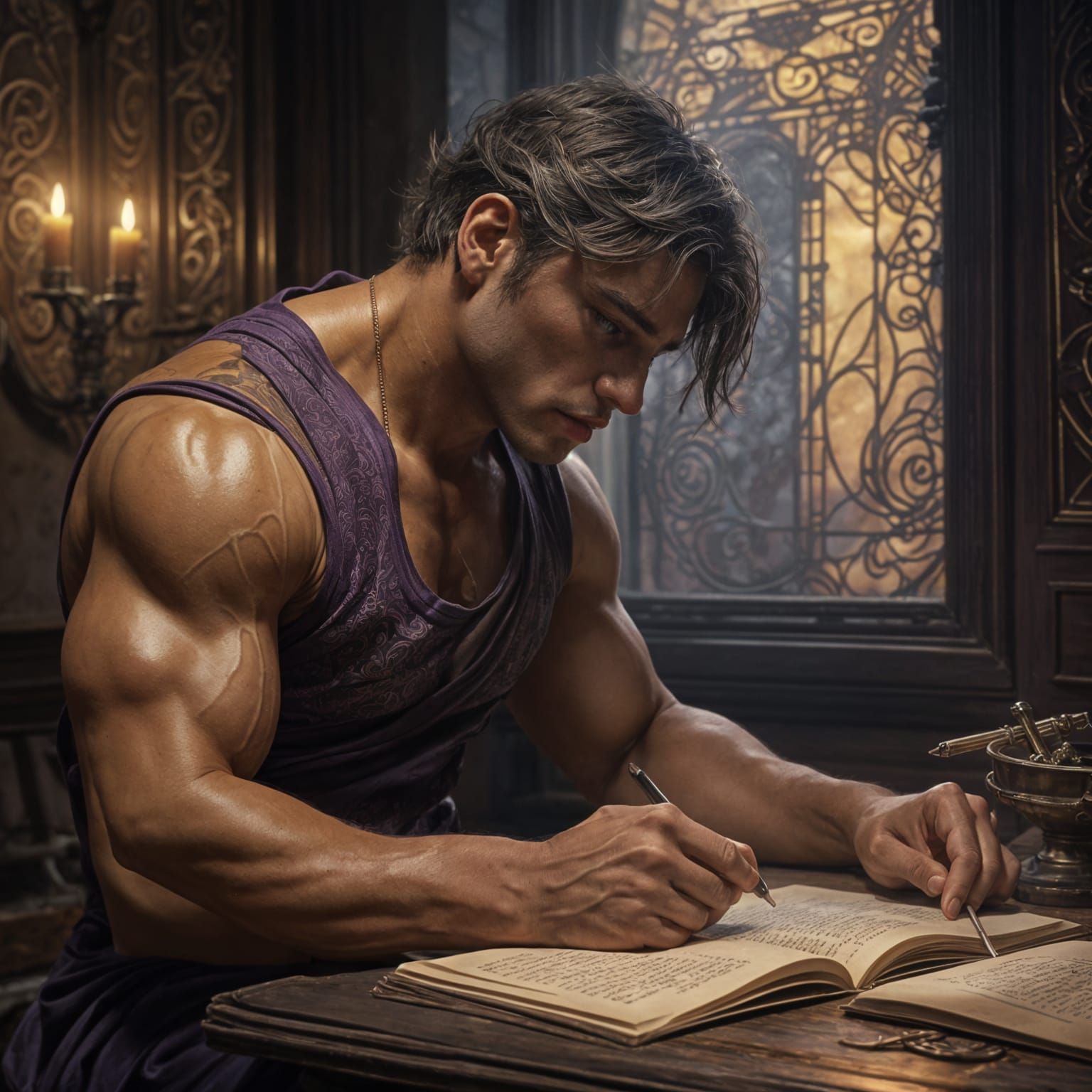 Stoic Bodybuilder Contemplates Life's Meaning in a Journal