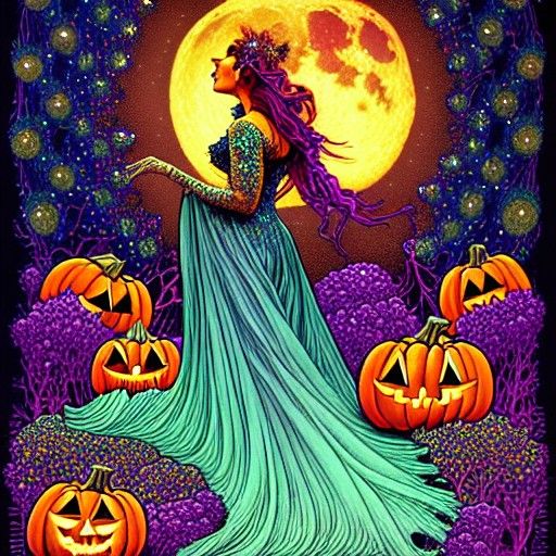 Halloween Goddess with Pumpkins in Astral Sky