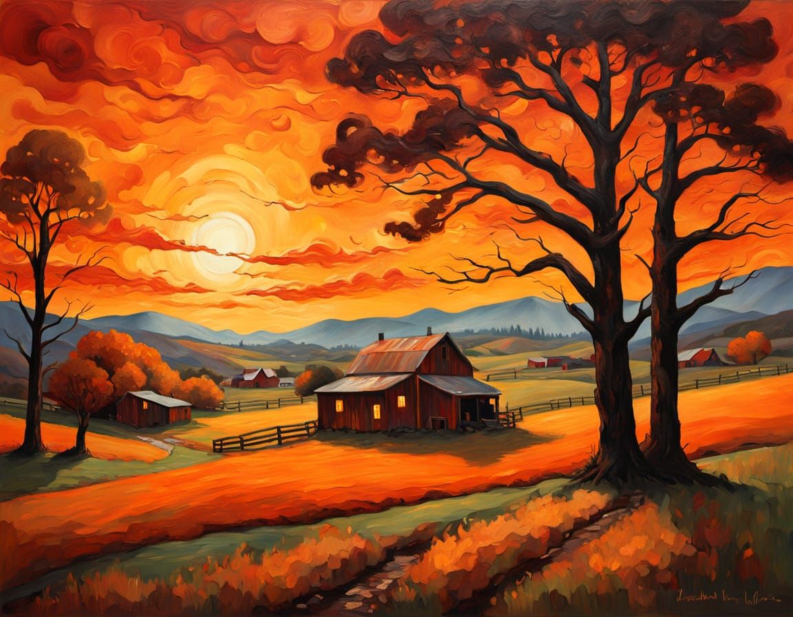 Warm Sunset Ignites Rustic Country Landscape in Vibrant Oran...