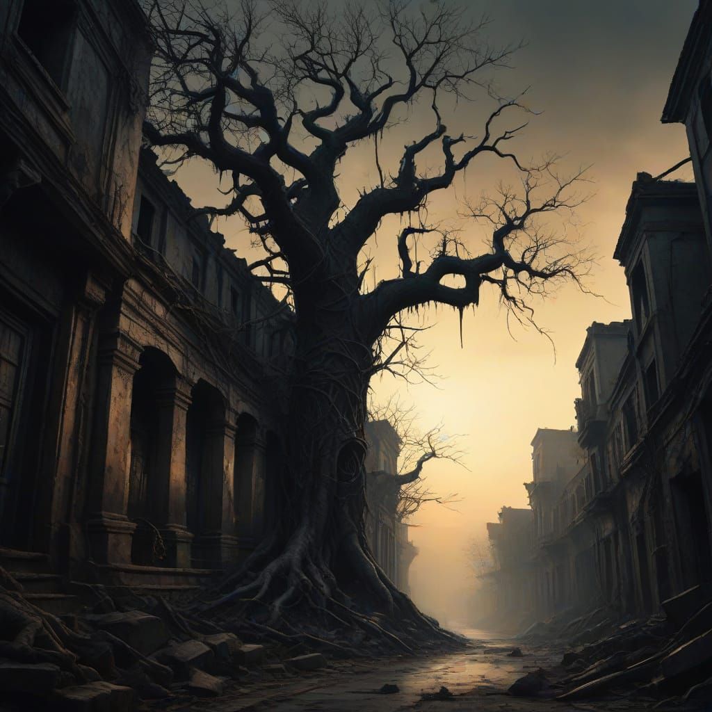 Menacing Darkness Falls on Ancient City in Ominous Oil Style