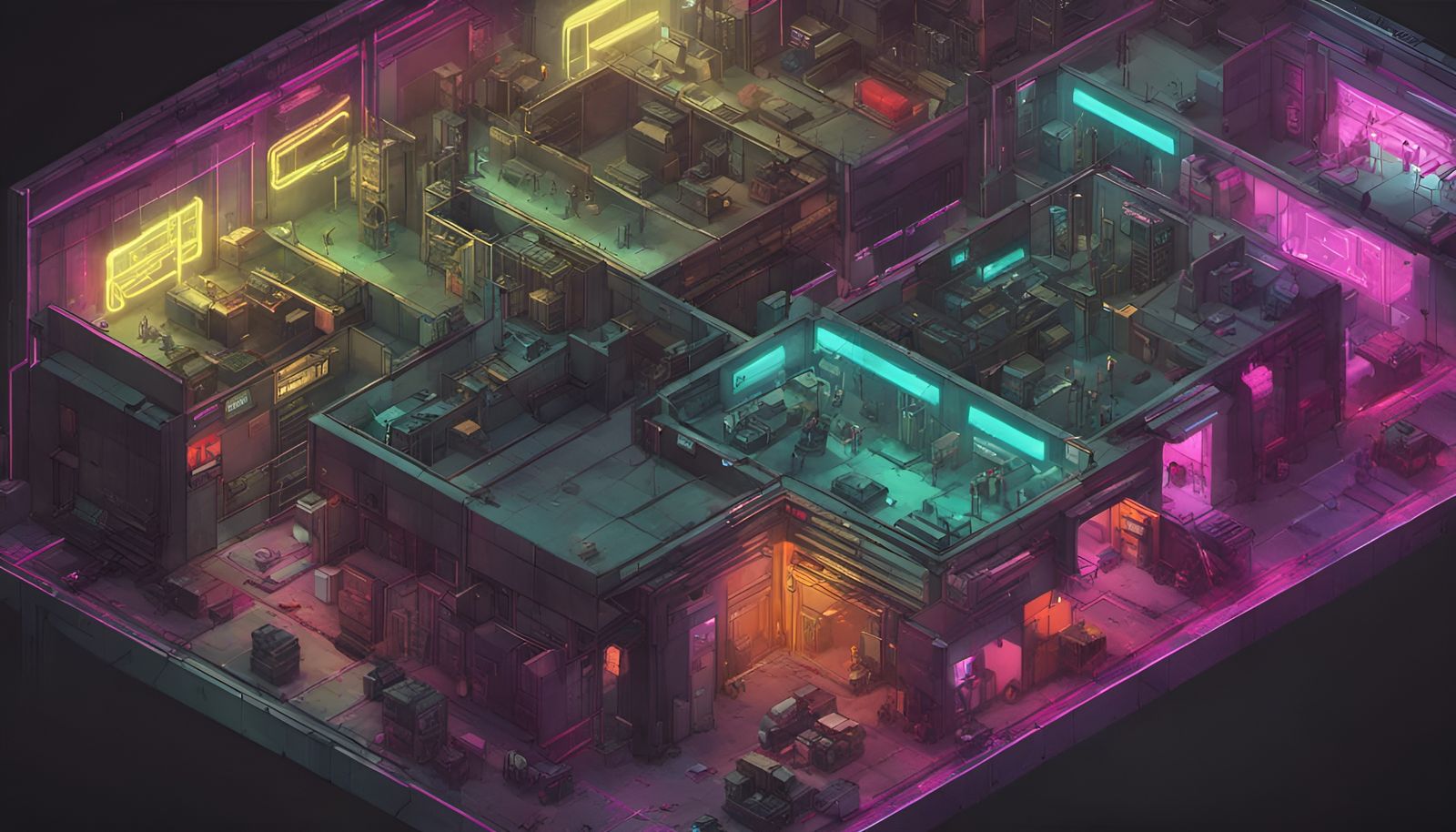 Cyberpunk Military Warehouse in Isometric View