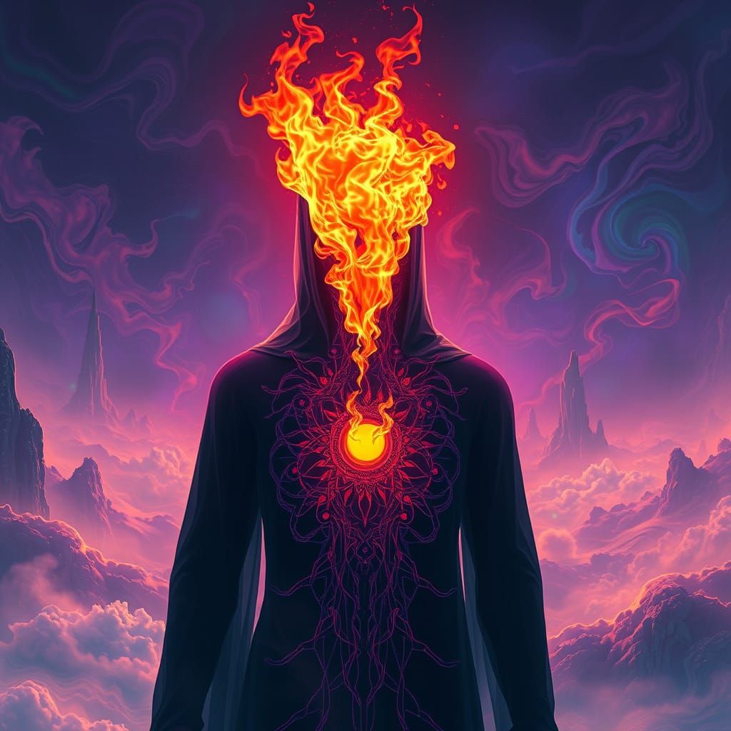 Flaming Figure in Dystopian Surreal Landscape