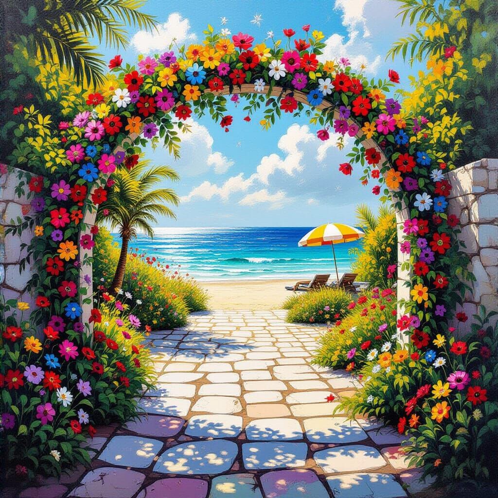Vibrant Garden Path Leading to a Sunlit Beach and Sea