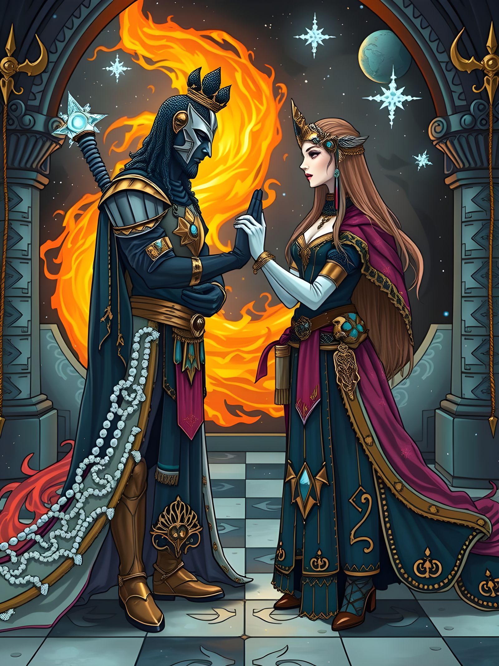 Elegant Assassin Gods' Secret Handshake in Anime Style