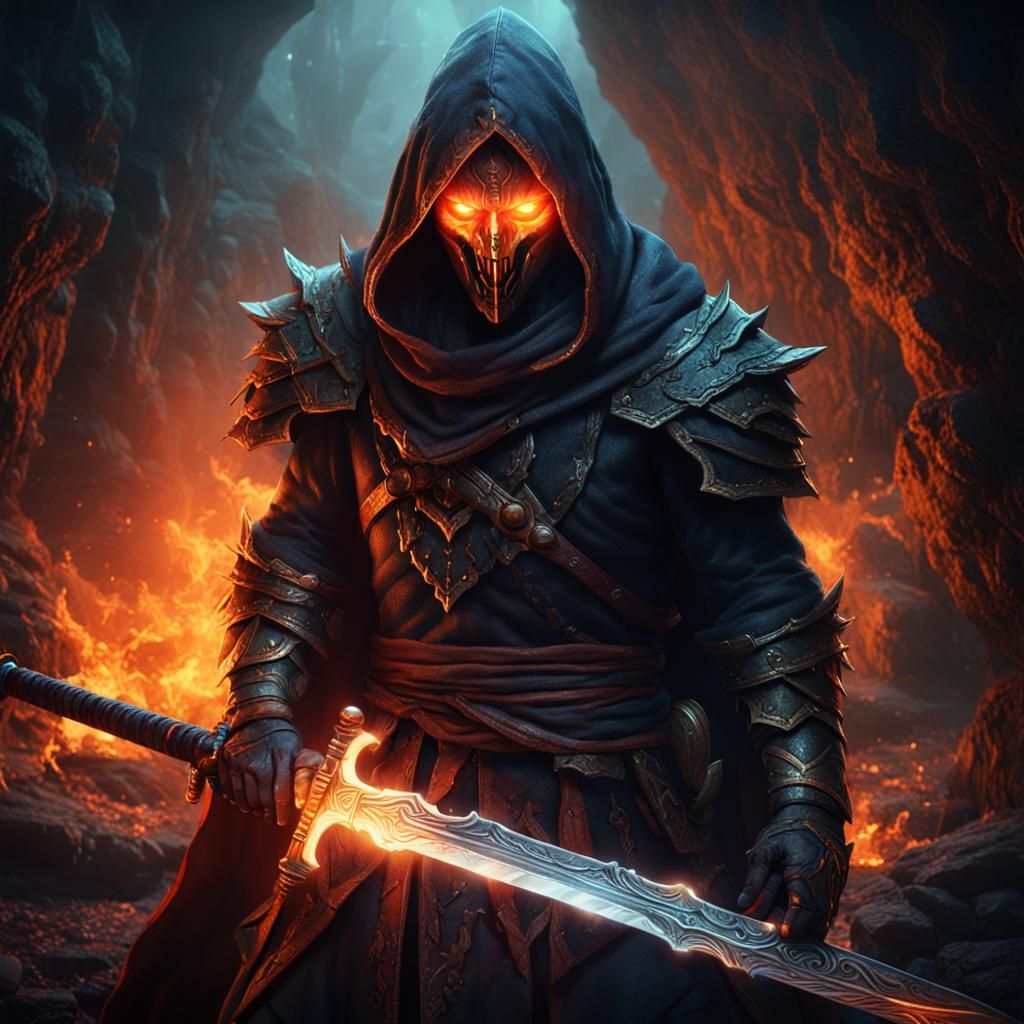 Glowing-Eyed Warrior with Burning Sword in Dark Cave