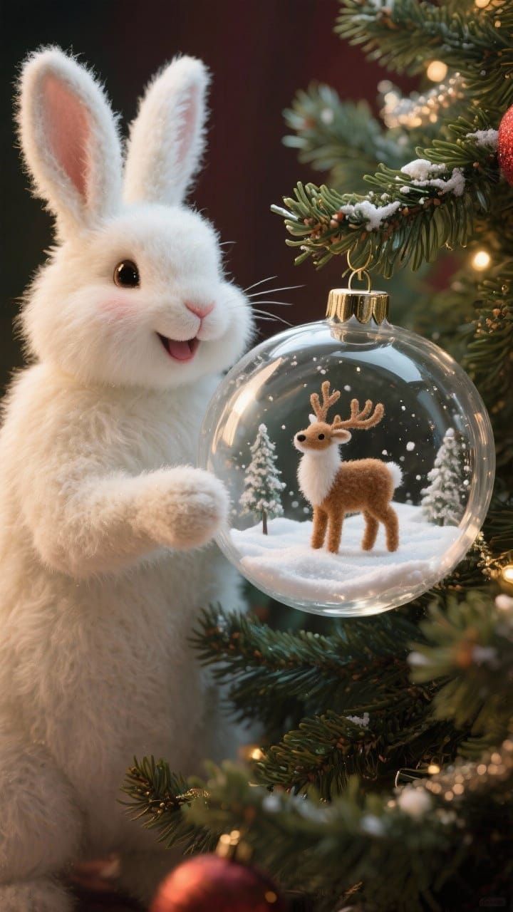 Cute Felt Bunny Decorates Detailed Christmas Tree with Baubl...