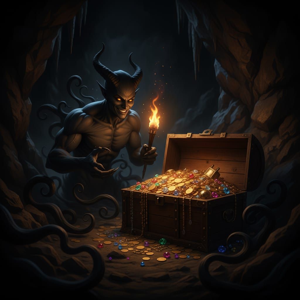 Shadow Demon Beckons at Treasure Chest in Cave