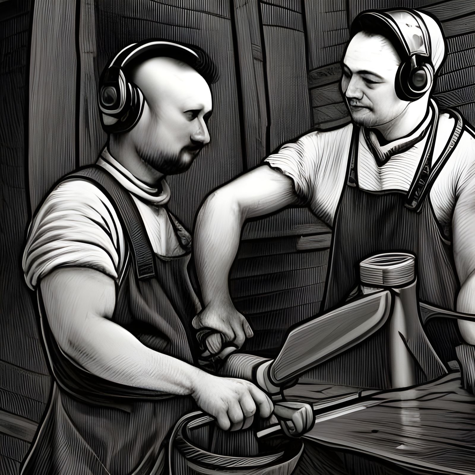 18th Century Workers Grinding Scissors in Linocut Style