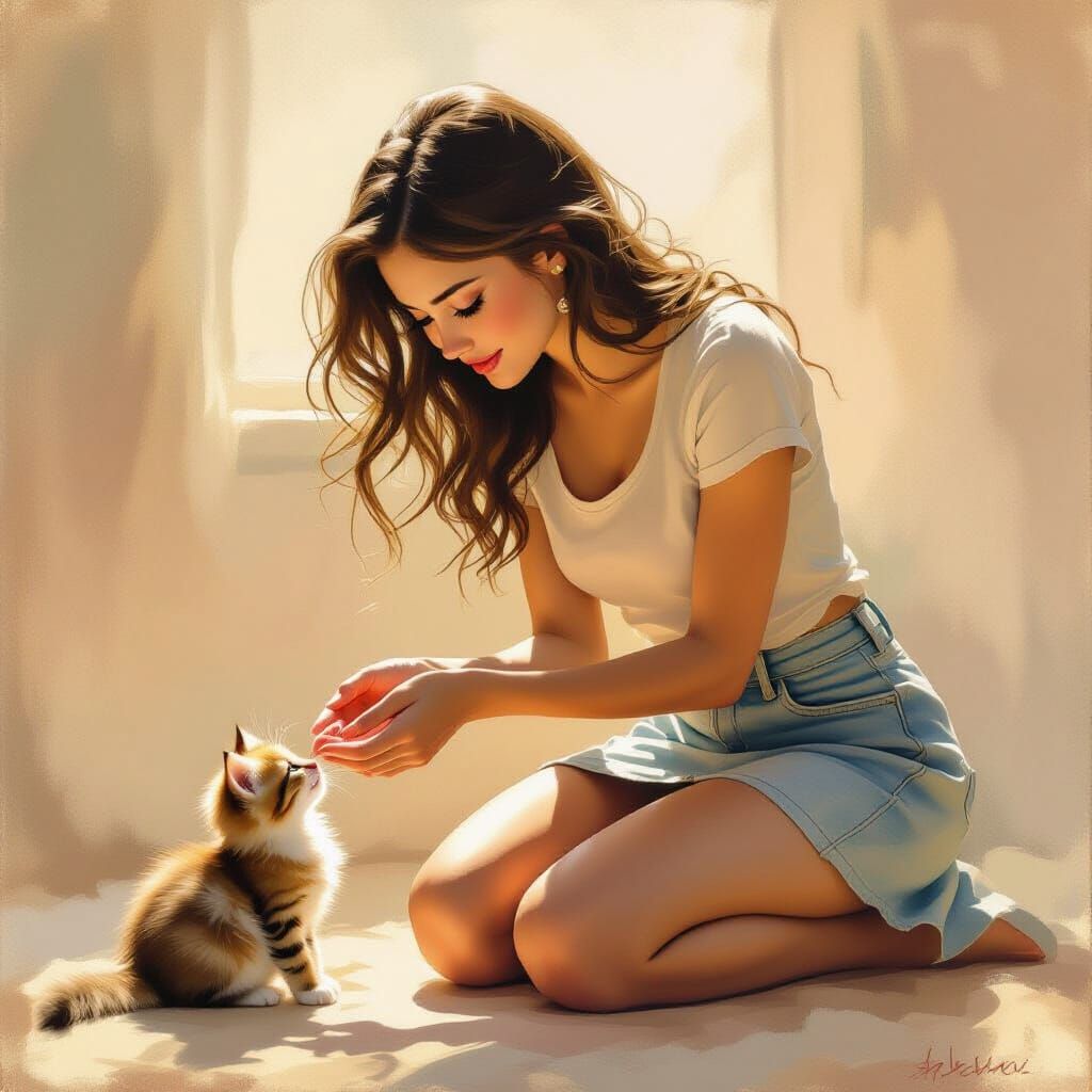 Woman Feeding Kitten in Impressionistic Oil Painting Style