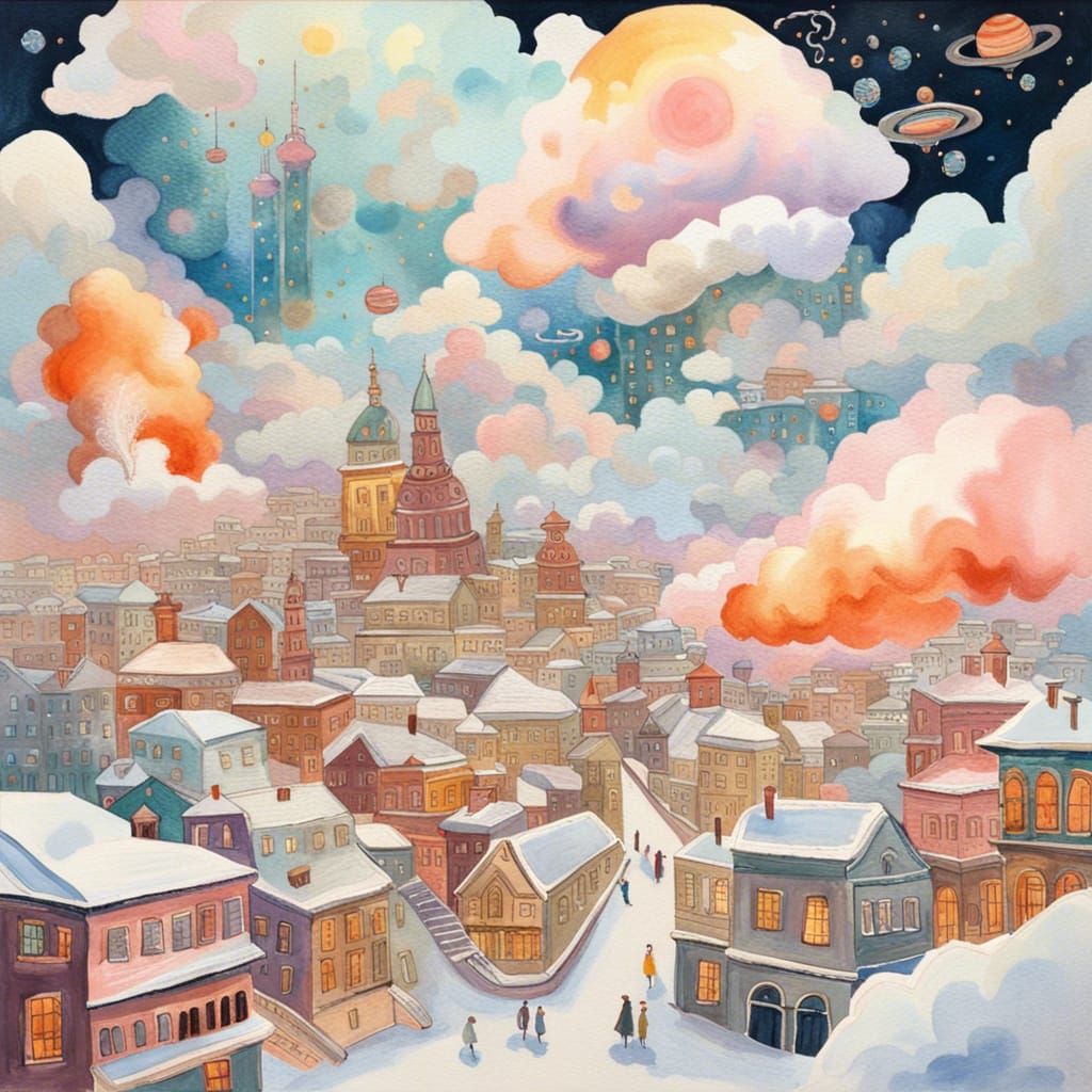 Whimsical Sky City Under Snow Clouds, Gouache Style