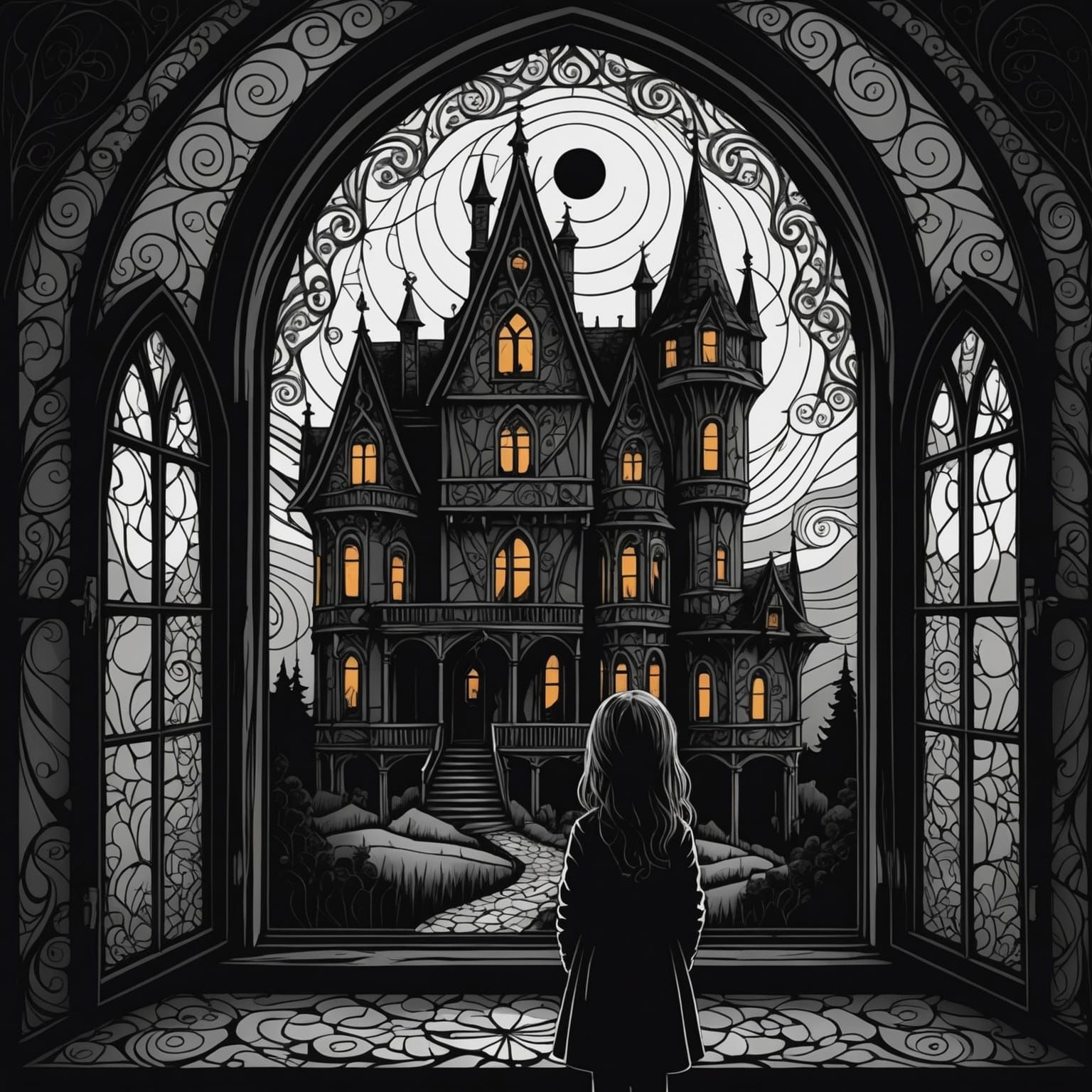 Little Girl in Gothic Haunted House Window