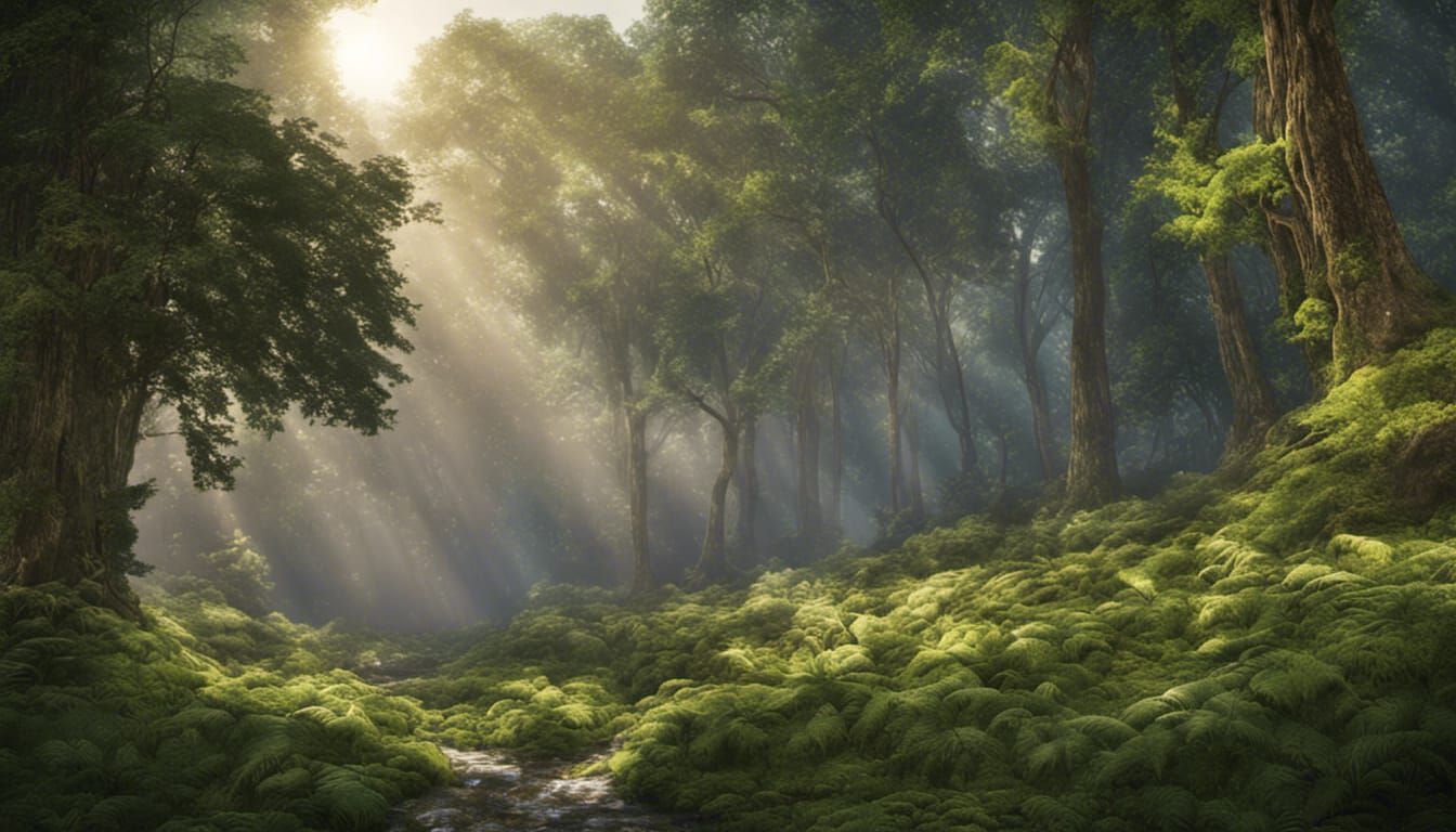 Ethereal Sunlight Dapples a Mysterious Forest Glade