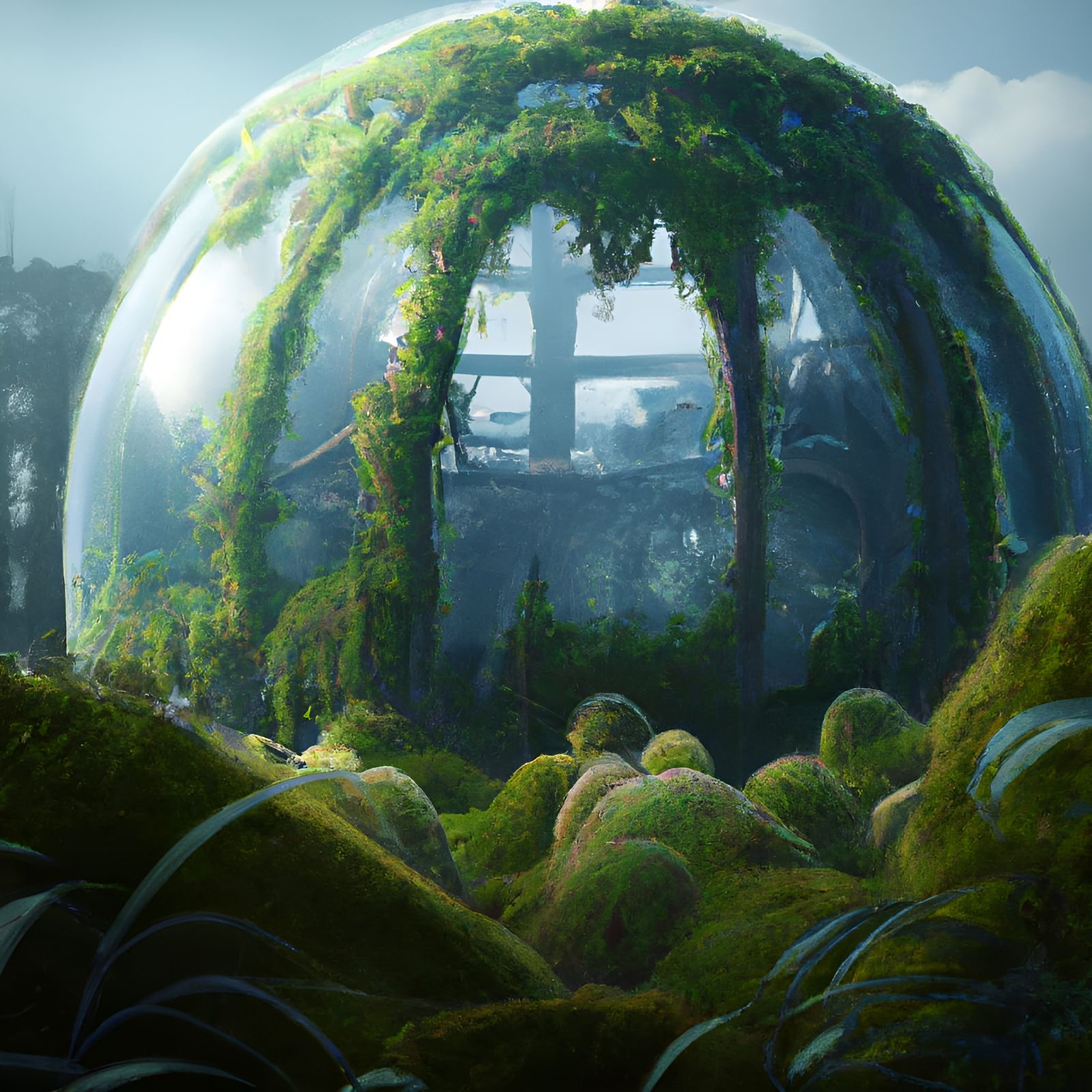 Overgrown City Under Glass Dome Concept Art