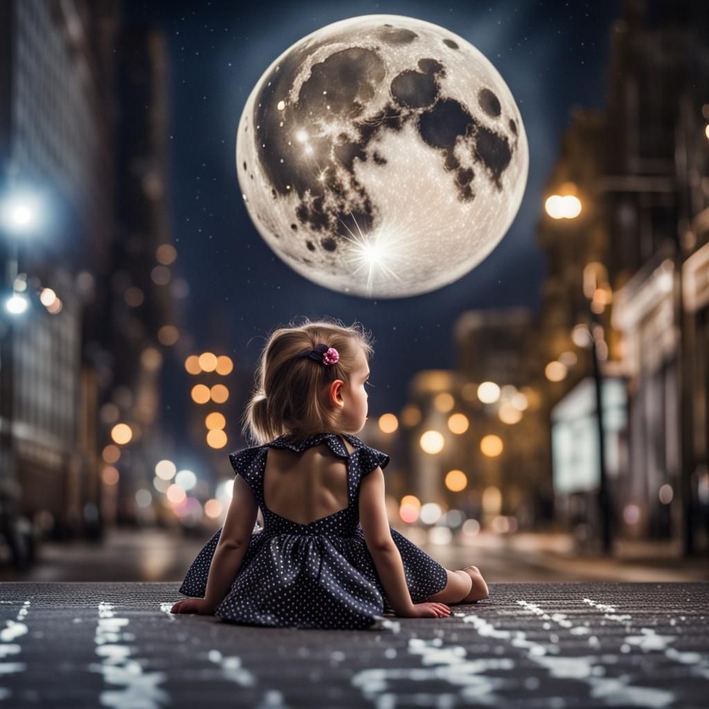 Little Girl's Moonlit Dream in Hyperrealistic Style