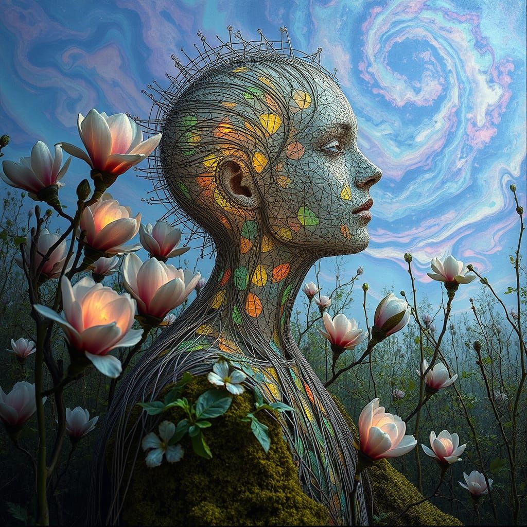 Ephemeral Eco-Art Portrait of Woman Made of Strings