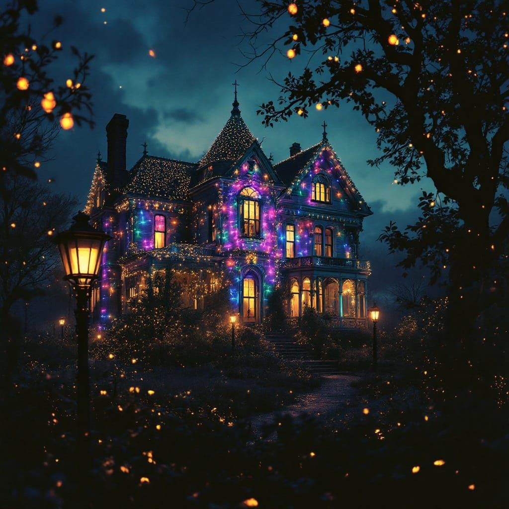Dilapidated Victorian Mansion Dazzles in Vibrant Christmas L...