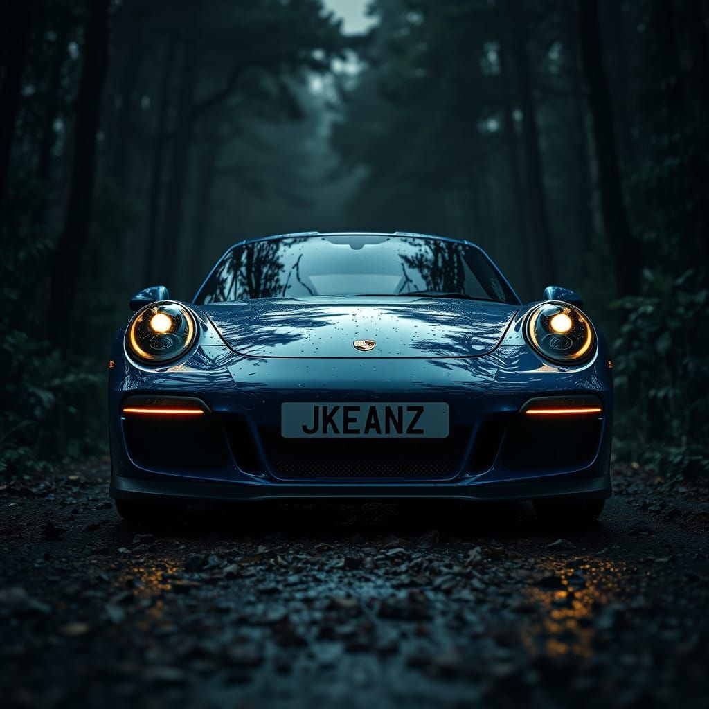 Blue Porsche 911 in Dark Forest, Dramatic Digital Art
