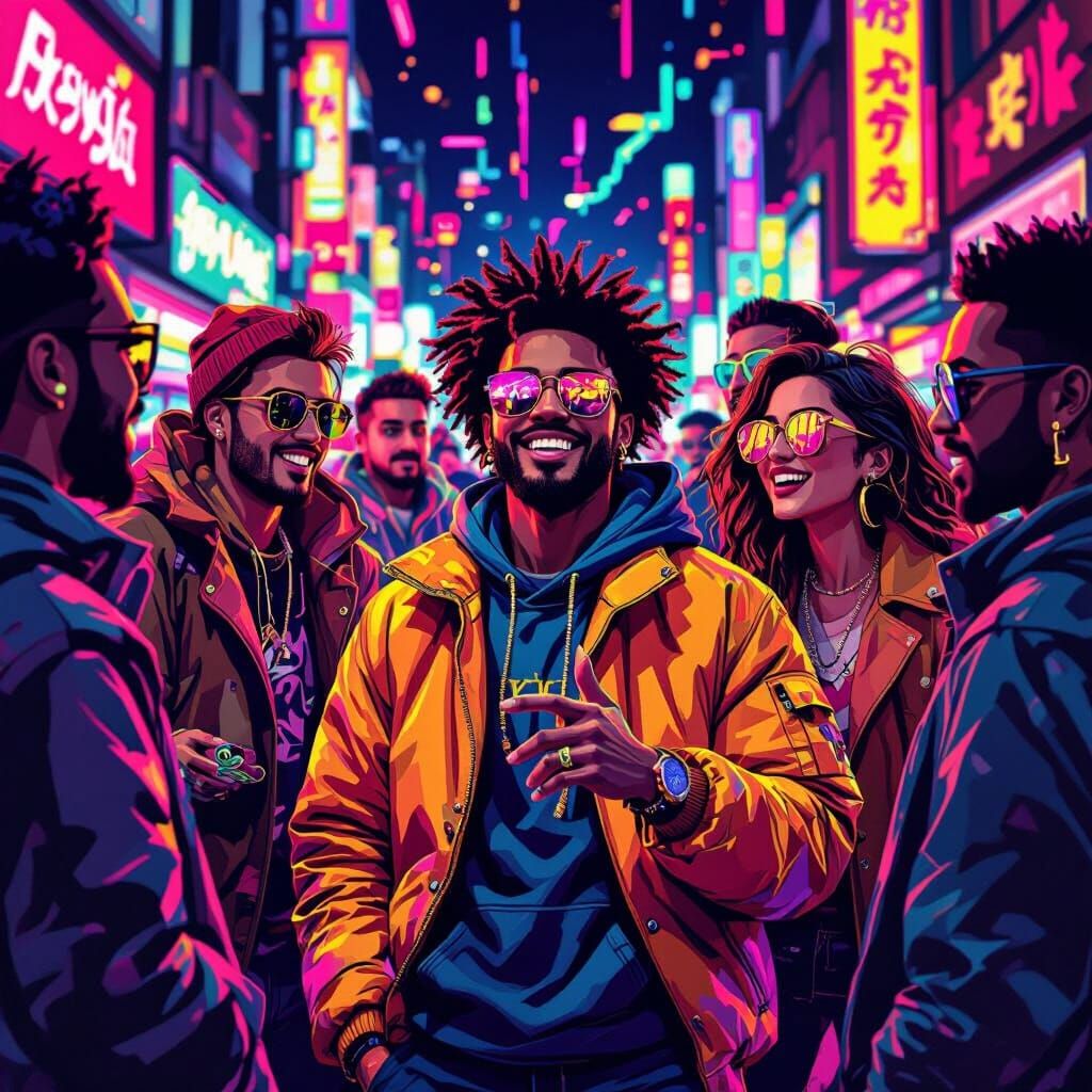 Diverse Group in Neon Cyberpunk Cityscape
