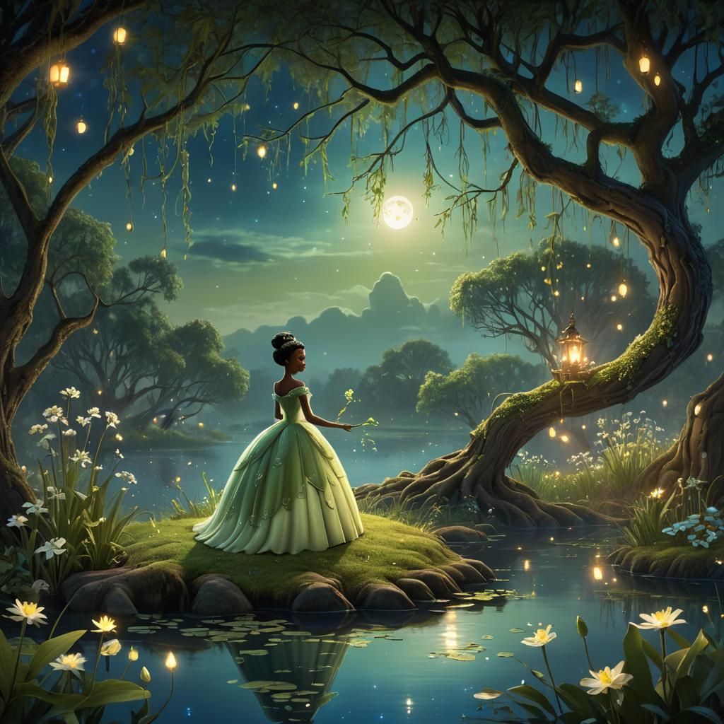 Princess Tiana in Moonlit Swamp: A Fantasy Painting