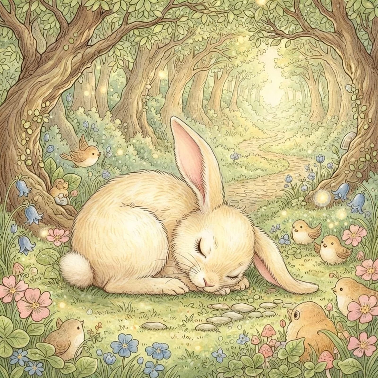 Charming Bunny Rests in Magical Forest in Beatrix Potter Sty...