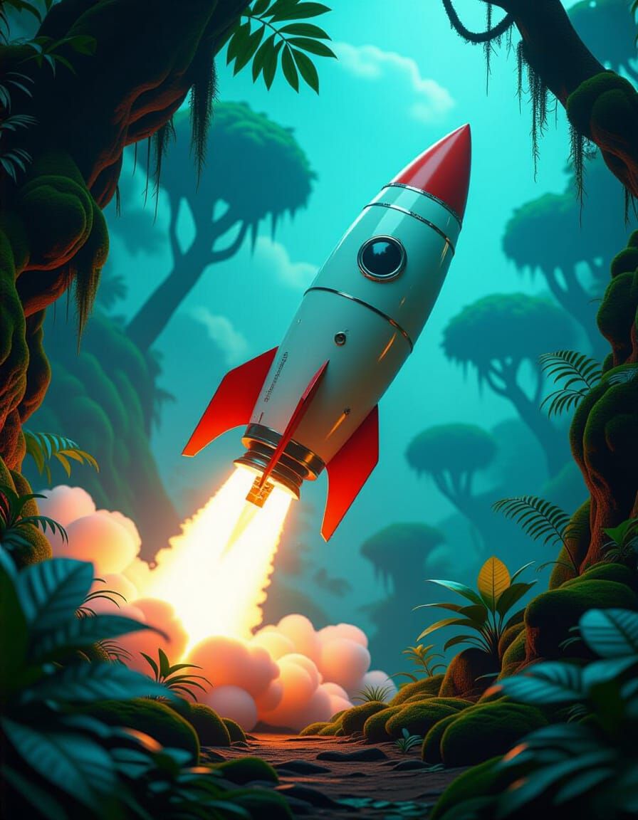 Retro Rocket Launch in Bioluminescent Jungle